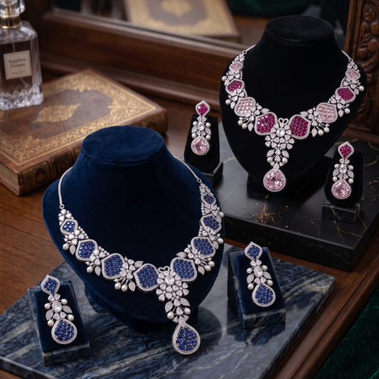 Two ornate jewelry sets displayed on black velvet busts and marble trays in a richly styled interior. The set on the left features silver-toned metal with deep blue stones and clear crystal floral motifs, while the set on the right features pink gemstones and clear crystal motifs.