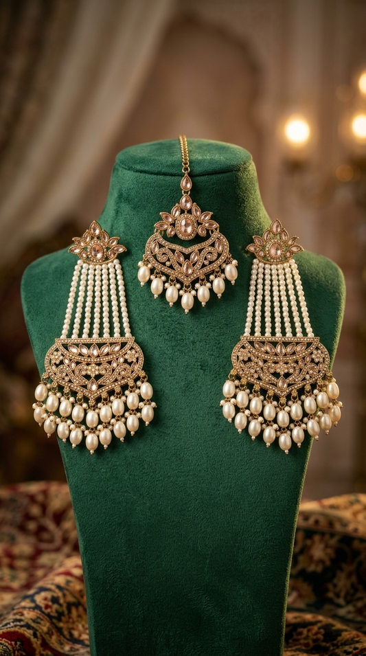 Gazal Pearl Earrings Maang Tikka Set