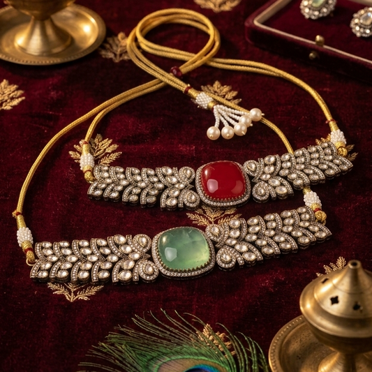Two ornate gold-toned jewelry pieces with large rectangular gemstones, one red and one green, displayed on a deep red velvet surface with gold embroidery, pearls, brass vessels, and a peacock feather.
