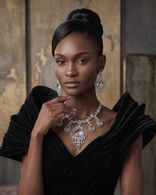A woman wearing an ornate silver-toned statement necklace and matching drop earrings, styled with a black pleated dress against a warm, textured background.