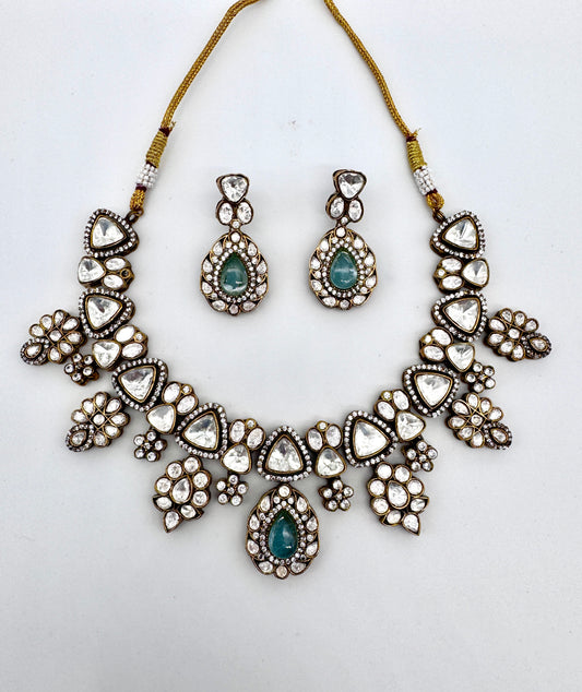 Malini Aquamarine Polki Necklace Set