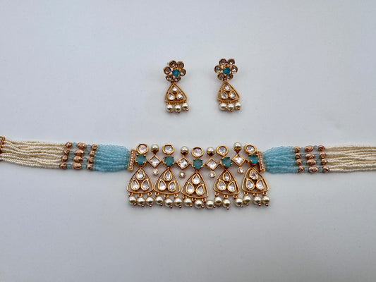 Kavya Kundan Blue Choker Necklace Set