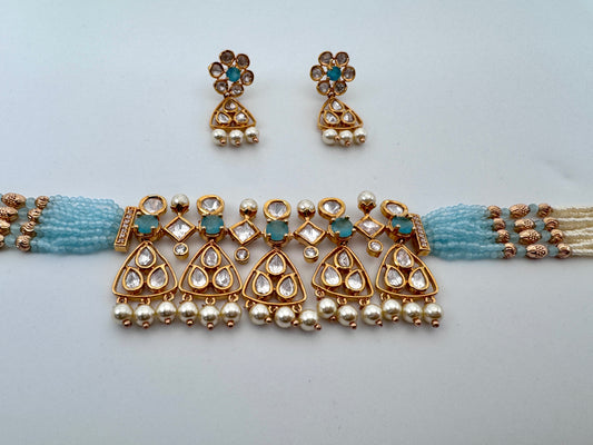 Kavya Kundan Blue Choker Necklace Set