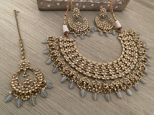Anaaya Gray antique gold bridal necklace set