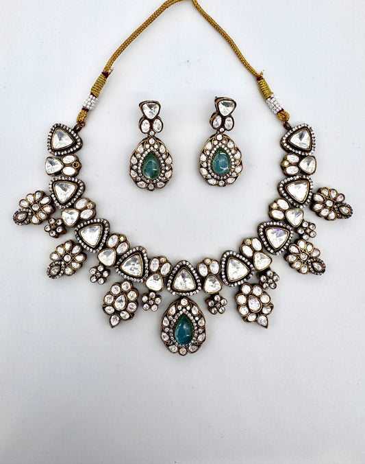 Malini Aquamarine Polki Necklace Set