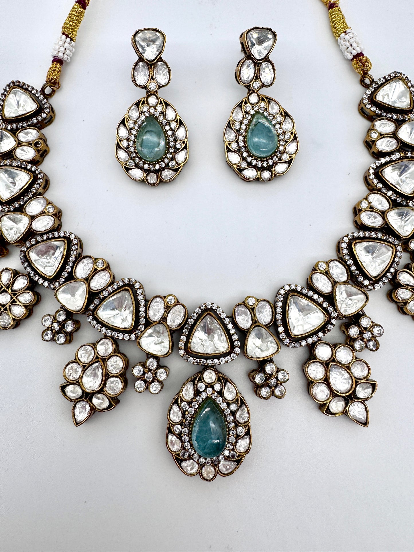 Malini Aquamarine Polki Necklace Set