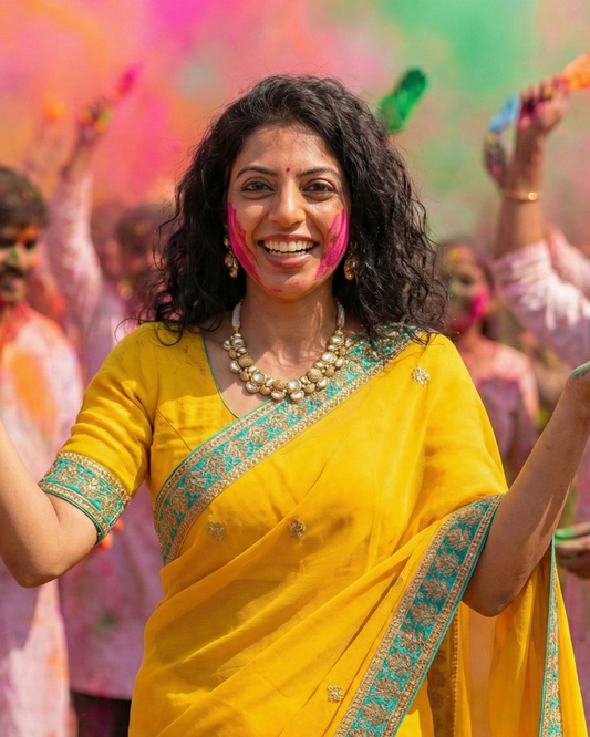 A woman wearing a bright yellow saree with a teal border smiles and holds colorful powder during a festive Holi celebration, with other people and pink, green, and orange smoke in the background