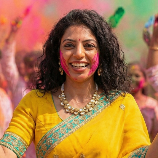A woman wearing a bright yellow saree with a teal border smiles and holds colorful powder during a festive Holi celebration, with other people and pink, green, and orange smoke in the background