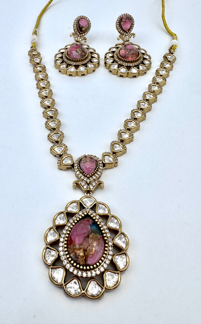 Devika Pink Agate Pendant Necklace Set