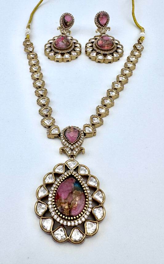 Devika Pink Agate Pendant Necklace Set