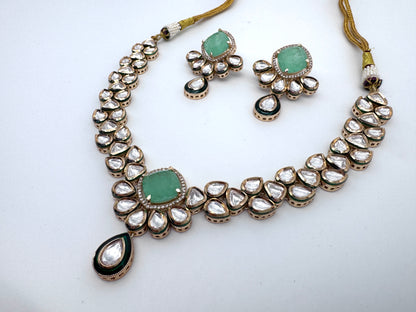 Sayani Green Chalcedony Kundan Necklace Set