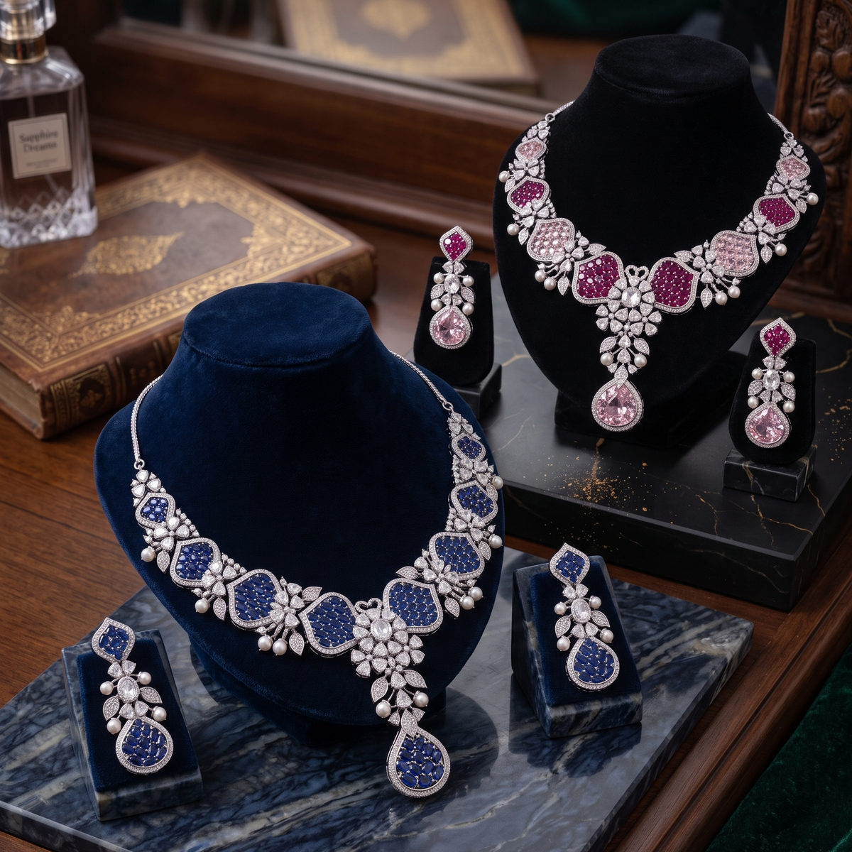 Two ornate jewelry sets displayed on black velvet busts and marble trays in a richly styled interior. The set on the left features silver-toned metal with deep blue stones and clear crystal floral motifs, while the set on the right features pink gemstones and clear crystal motifs.