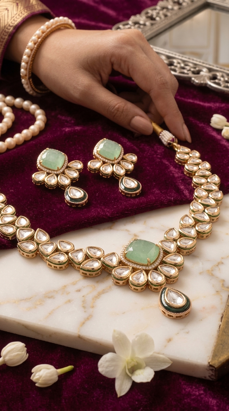 Sayani Green Chalcedony Kundan Necklace Set