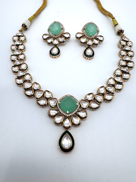 Sayani Green Chalcedony Kundan Necklace Set