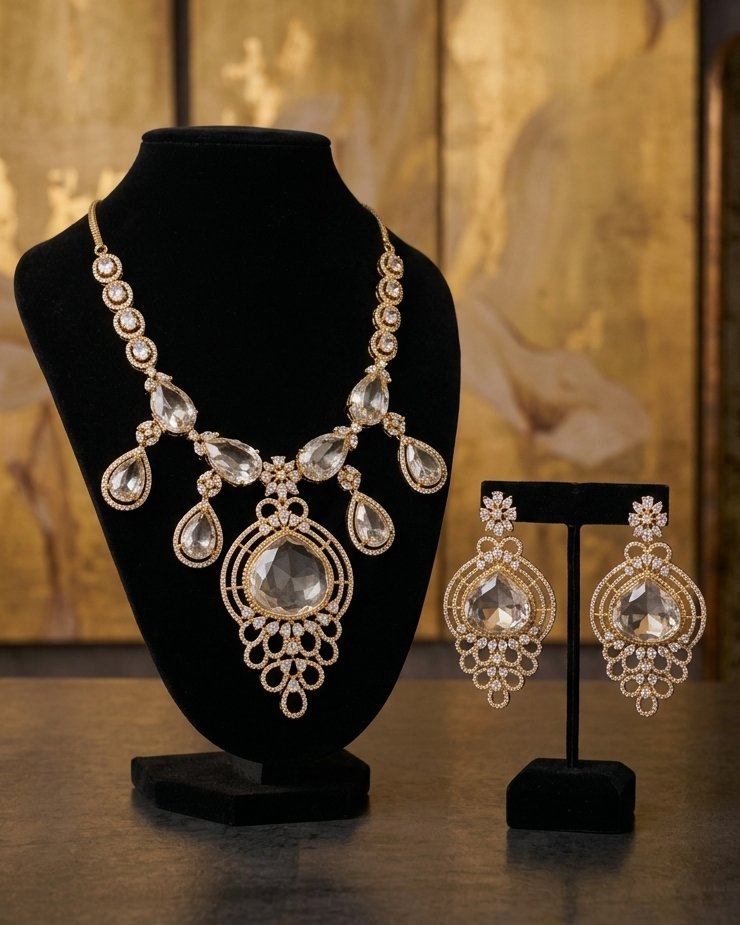 Gold-toned jewelry set featuring a statement necklace and matching earrings displayed on black stands against a warm, textured background.