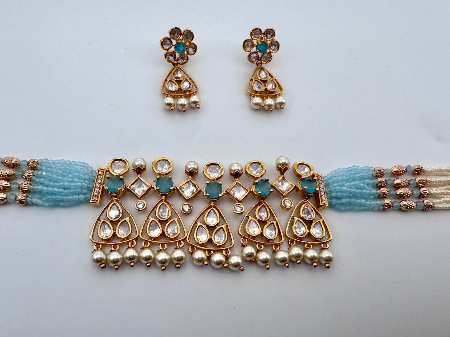 Kavya Kundan Blue Choker Necklace Set