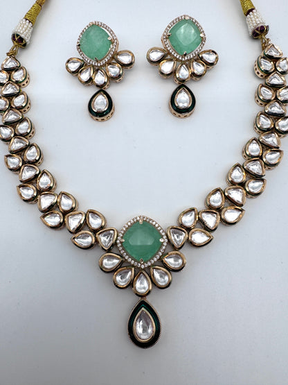 Sayani Green Chalcedony Kundan Necklace Set
