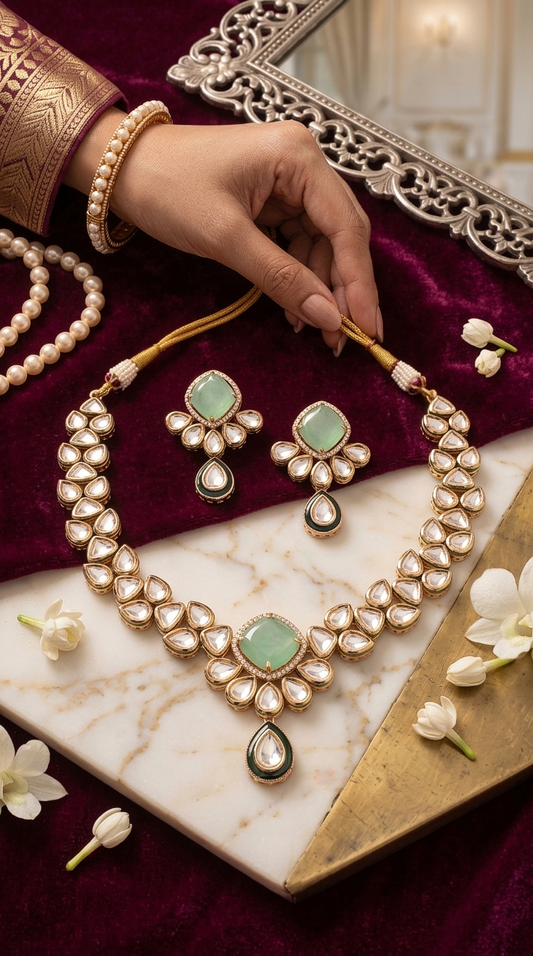 Sayani Green Chalcedony Kundan Necklace Set