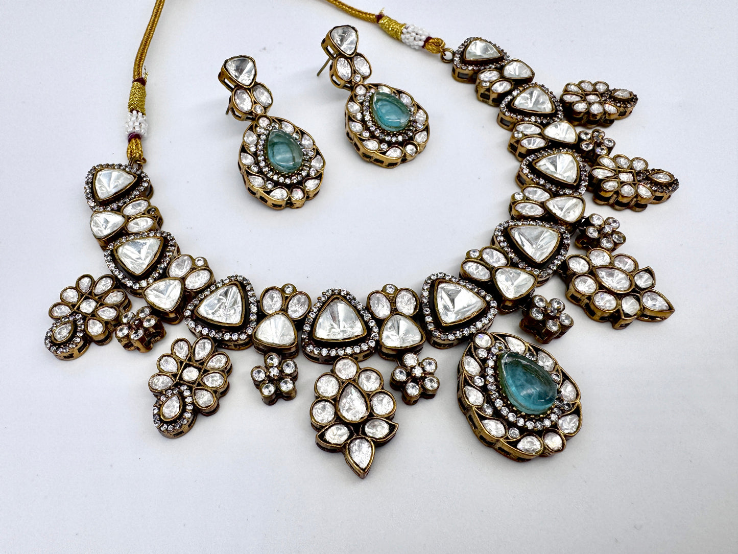 Malini Aquamarine Polki Necklace Set