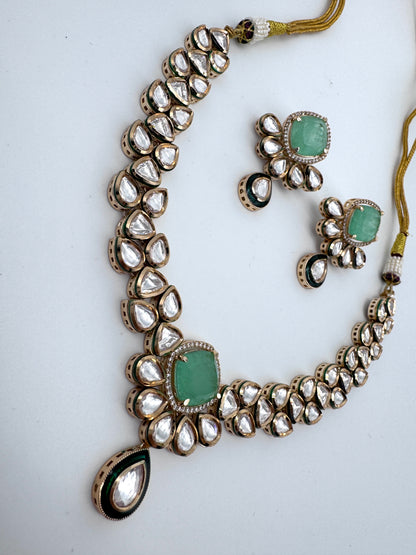 Sayani Green Chalcedony Kundan Necklace Set