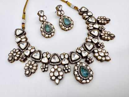 Malini Aquamarine Polki Necklace Set