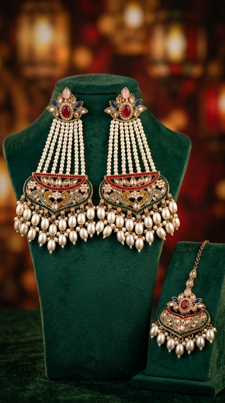 Gazal Pearl Earrings Maang Tikka Set