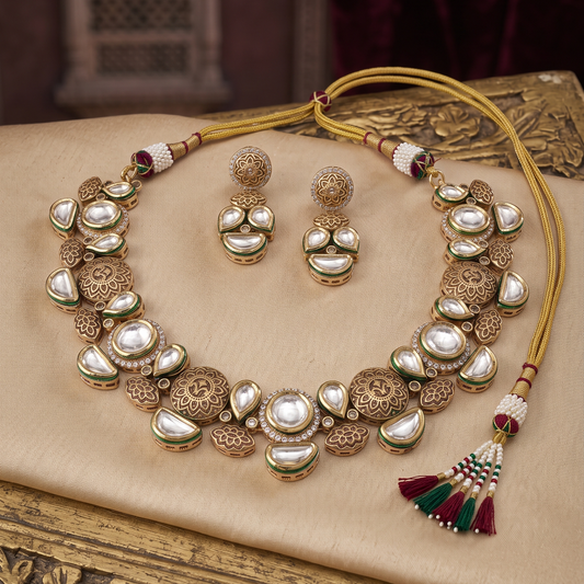 An ornate gold-toned jewelry set displayed on a beige fabric surface, including a necklace with teardrop and oval stone motifs, matching earrings, and tassel details, arranged on a carved wooden surface.