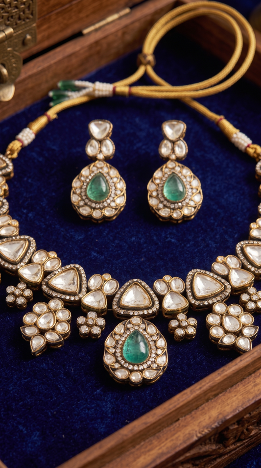 MALINI AQUAMARINE POLKI NECKLACE SET