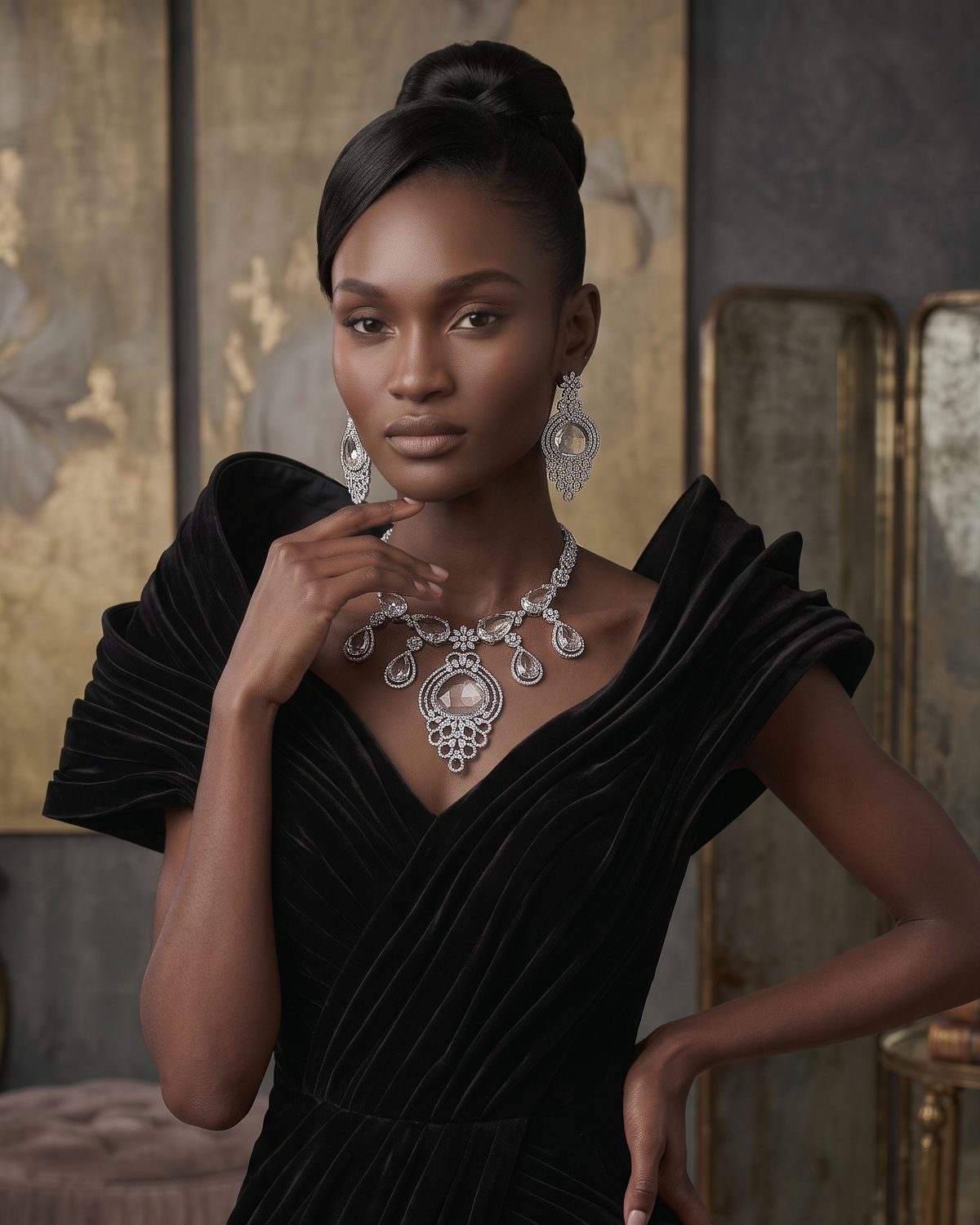 A woman models an ornate silver and crystal gemstone necklace with matching drop earrings, styled with a black pleated velvet dress in an elegant, vintage-inspired room with gold and gray decor.