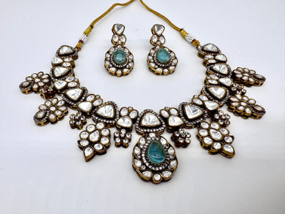 Malini Aquamarine Polki Necklace Set