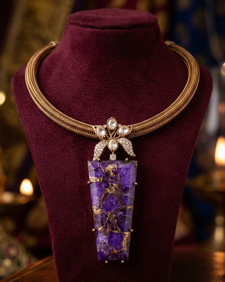 A gold-tone collar necklace with a large rectangular purple stone pendant, displayed on a burgundy velvet jewelry bust. The pendant features a floral gold-and-white setting and is photographed against a warm, softly blurred background.