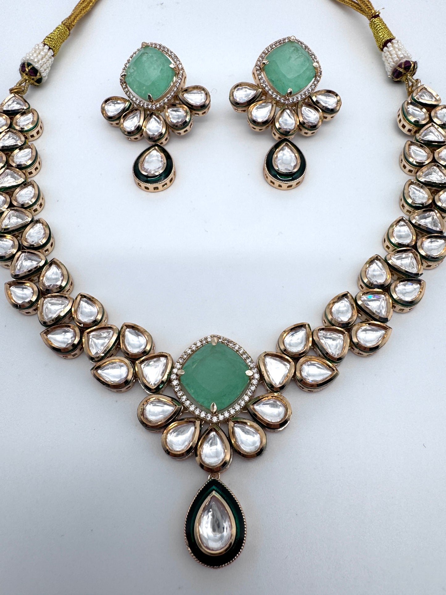 Sayani Green Chalcedony Kundan Necklace Set