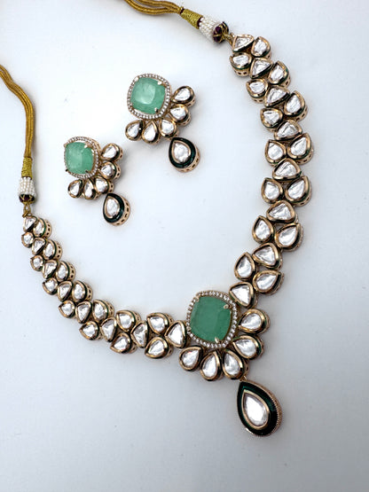 Sayani Green Chalcedony Kundan Necklace Set