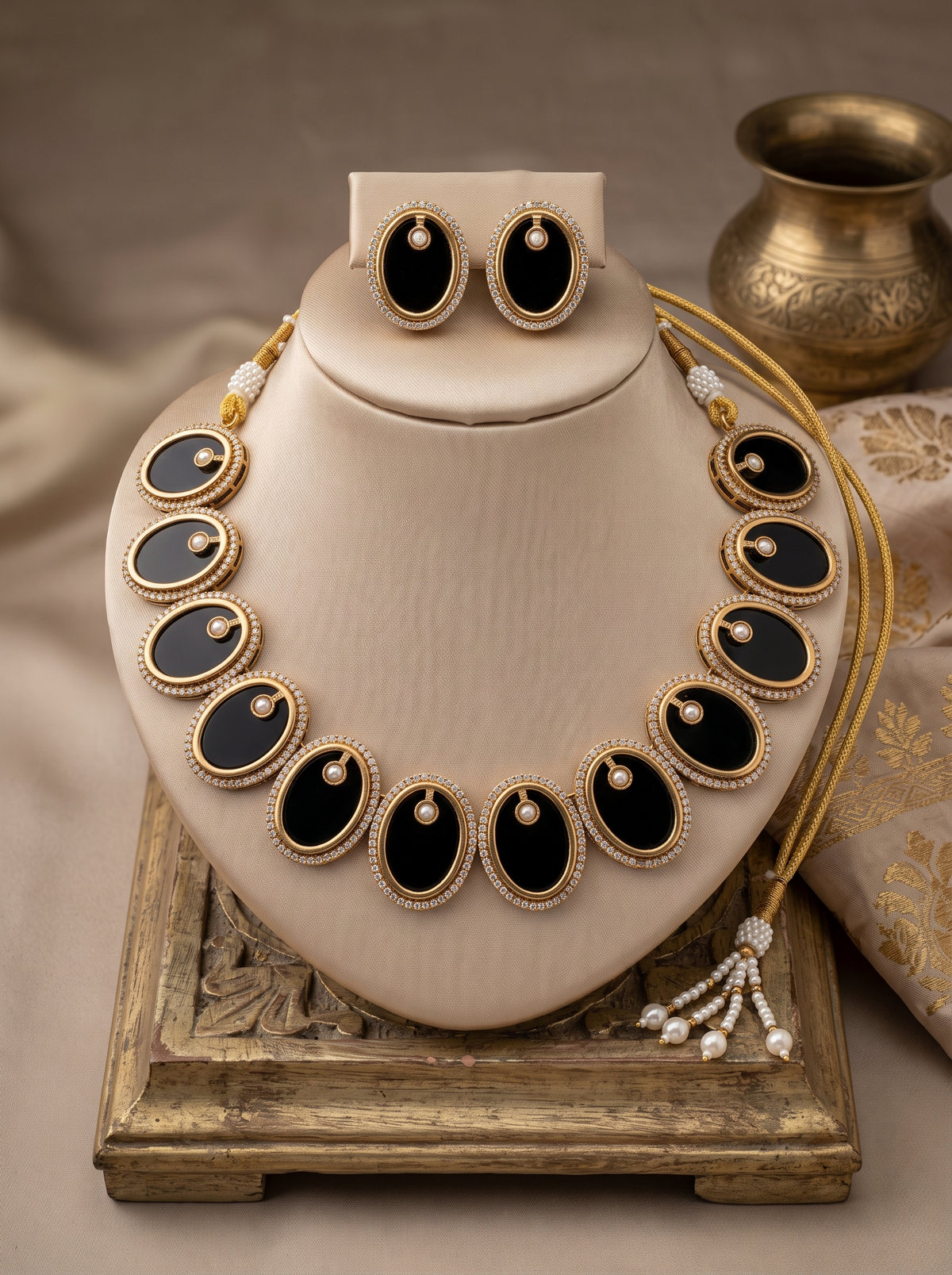 ESHA NOIR & PEARL ROYALE NECKLACE STUD SET