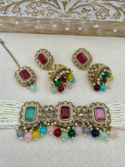 SANYA ANTIQUE GOLD RECTANGULAR CHOKER SET