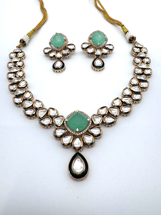 Sayani Green Chalcedony Kundan Necklace Set
