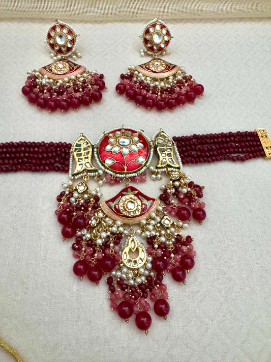 ESHA MEENAKARI RED-PINK CHOKER SET