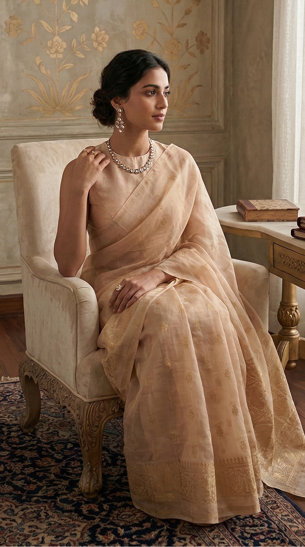 A woman wearing a flowing beige saree sits in an elegant cream-colored armchair inside a beautifully decorated room with gold-patterned walls, a wooden floor, and a table lamp.