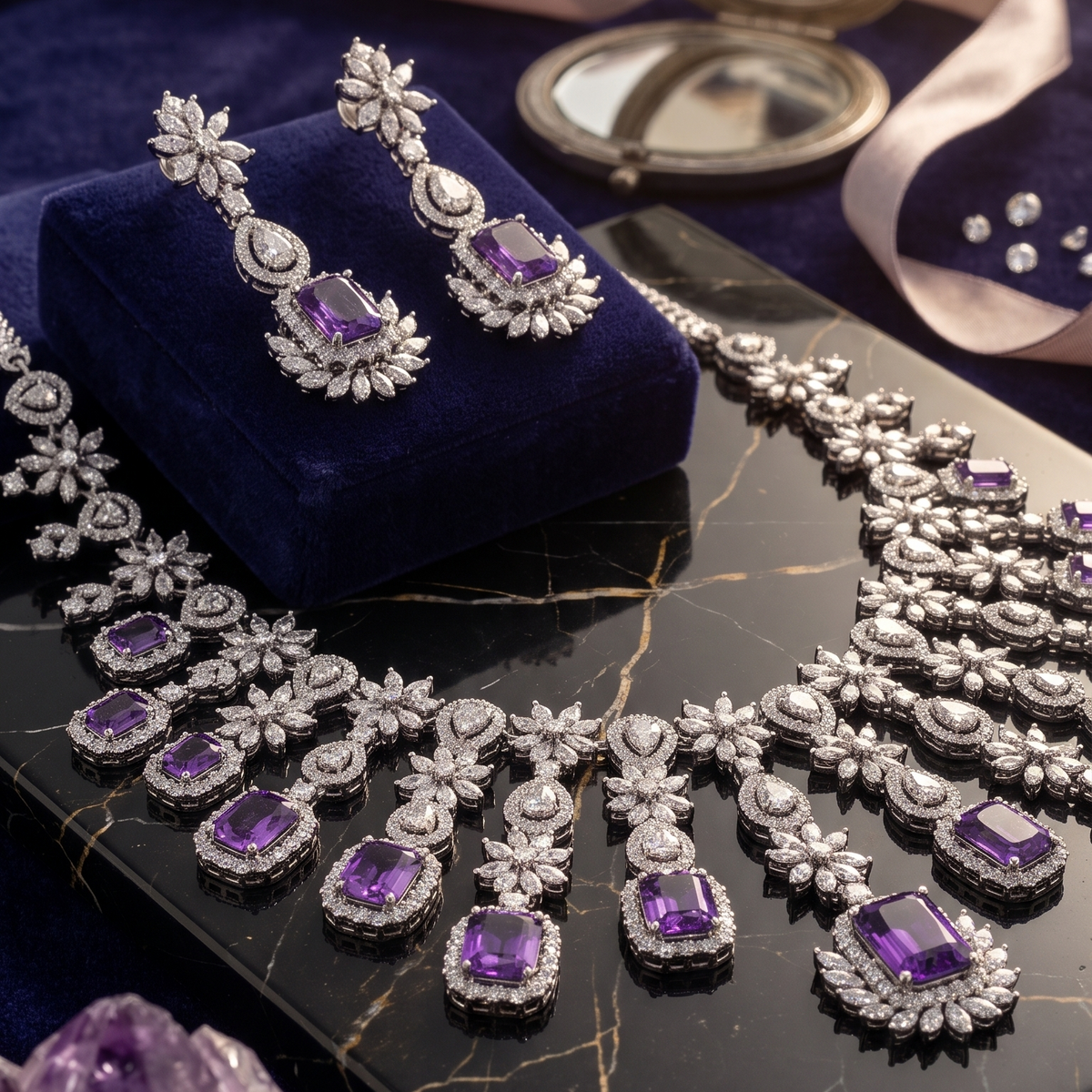 An elegant jewelry set featuring a silver-toned necklace and matching drop earrings with oval purple gemstones, displayed on a dark velvet cushion atop a black marble slab with scattered diamonds, crystals, and a compact mirror.