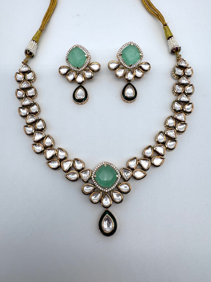 Sayani Green Chalcedony Kundan Necklace Set