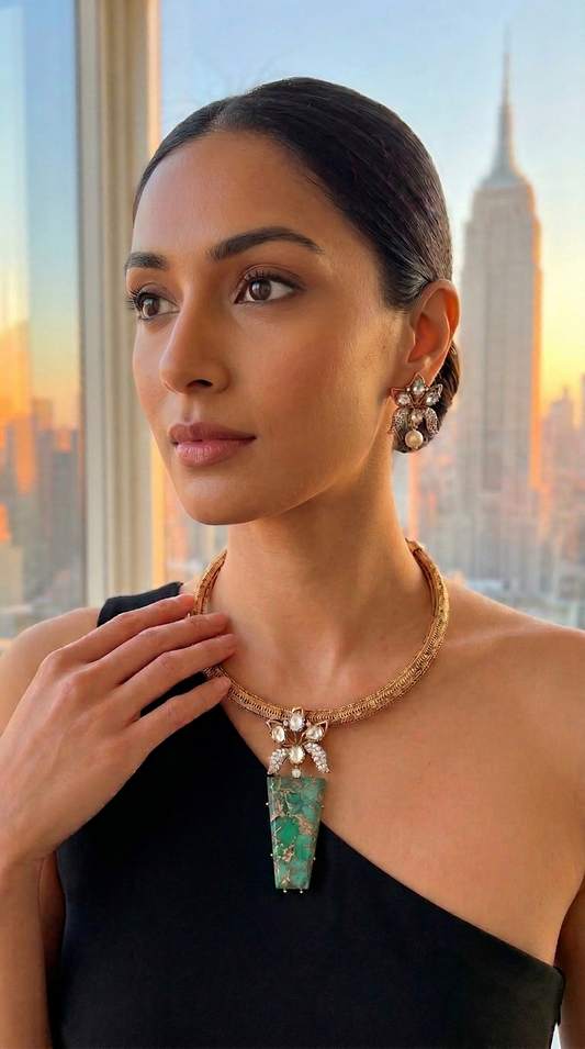 A woman wearing a gold necklace with a large green and turquoise stone pendant, styled with matching earrings, set against a warm sunset city skyline background.