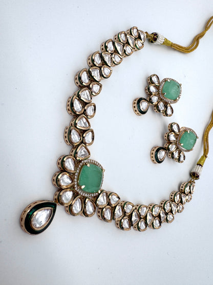 Sayani Green Chalcedony Kundan Necklace Set
