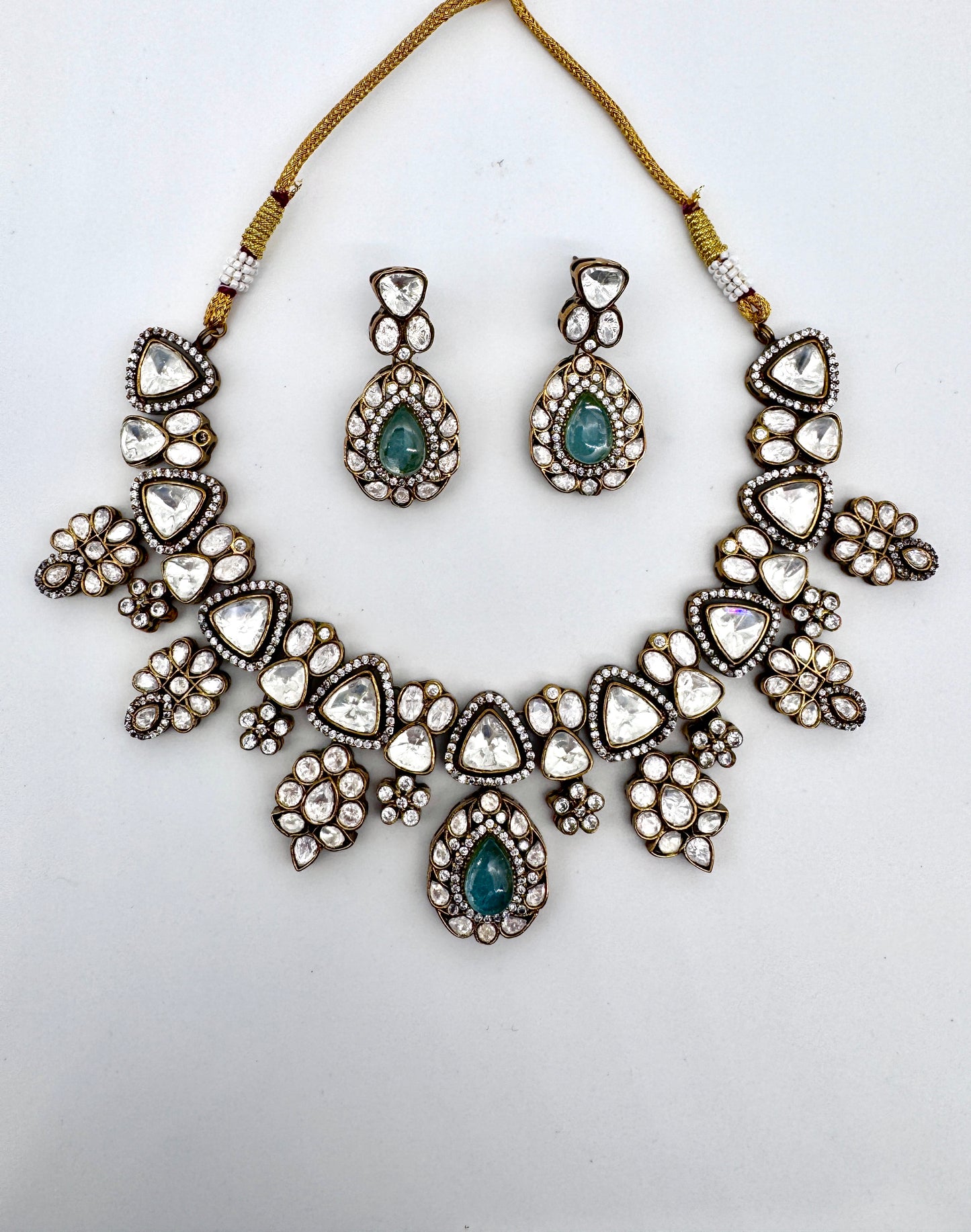 Malini Aquamarine Polki Necklace Set