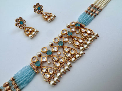 Kavya Kundan Blue Choker Necklace Set