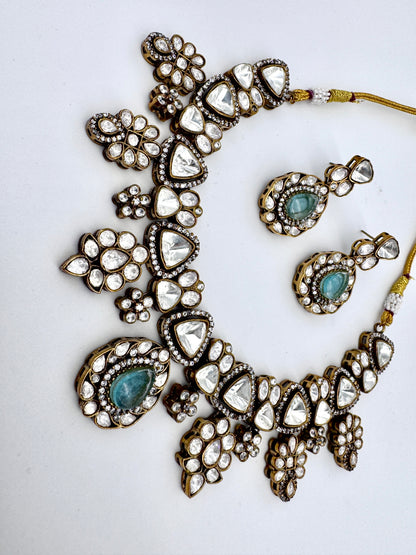 Malini Aquamarine Polki Necklace Set