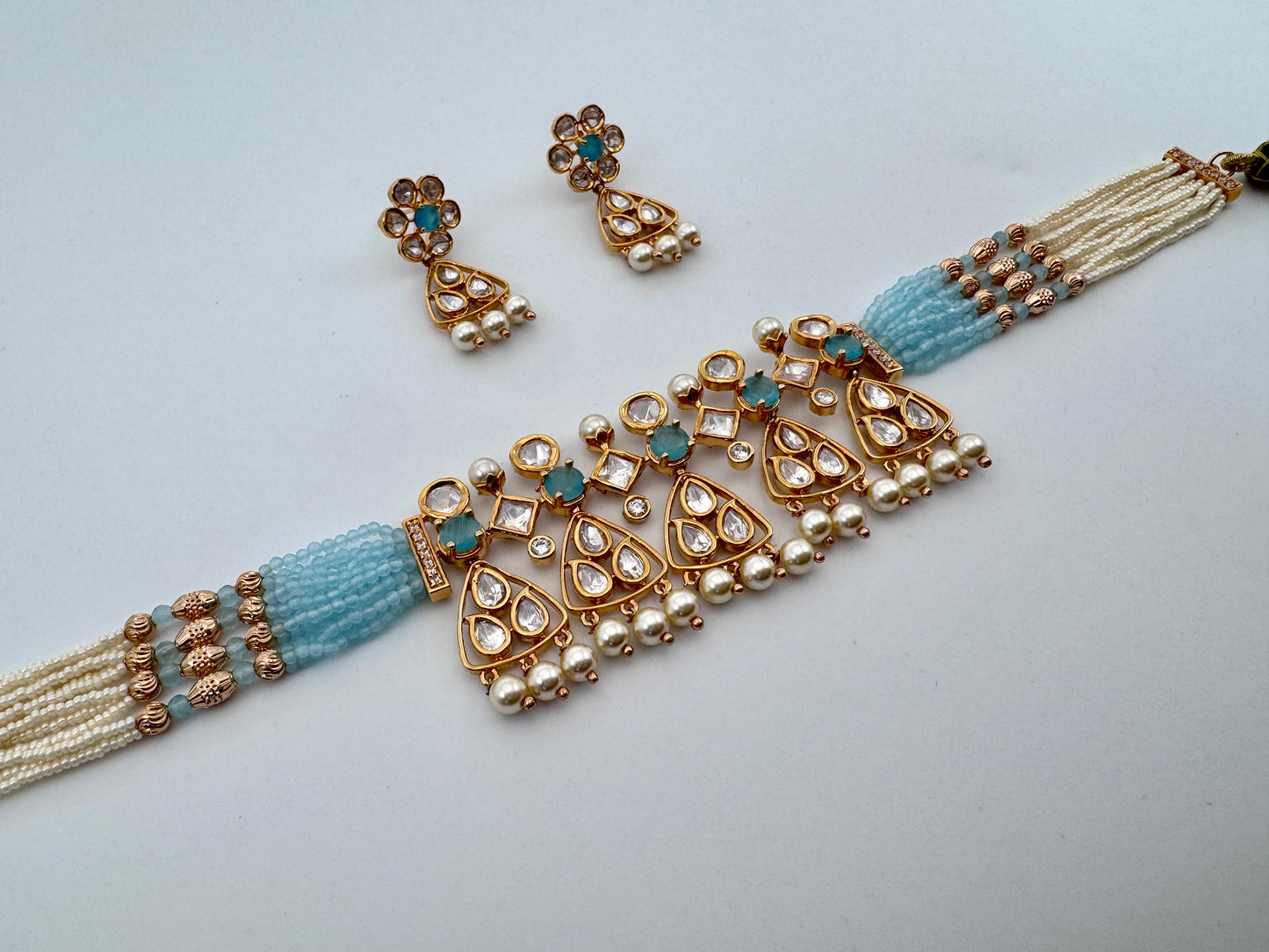 Kavya Kundan Blue Choker Necklace Set