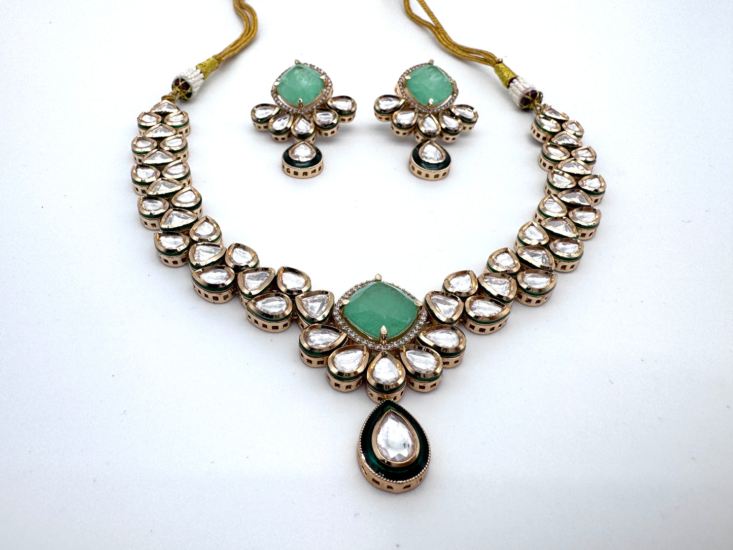 Sayani Green Chalcedony Kundan Necklace Set