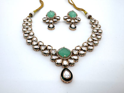 Sayani Green Chalcedony Kundan Necklace Set
