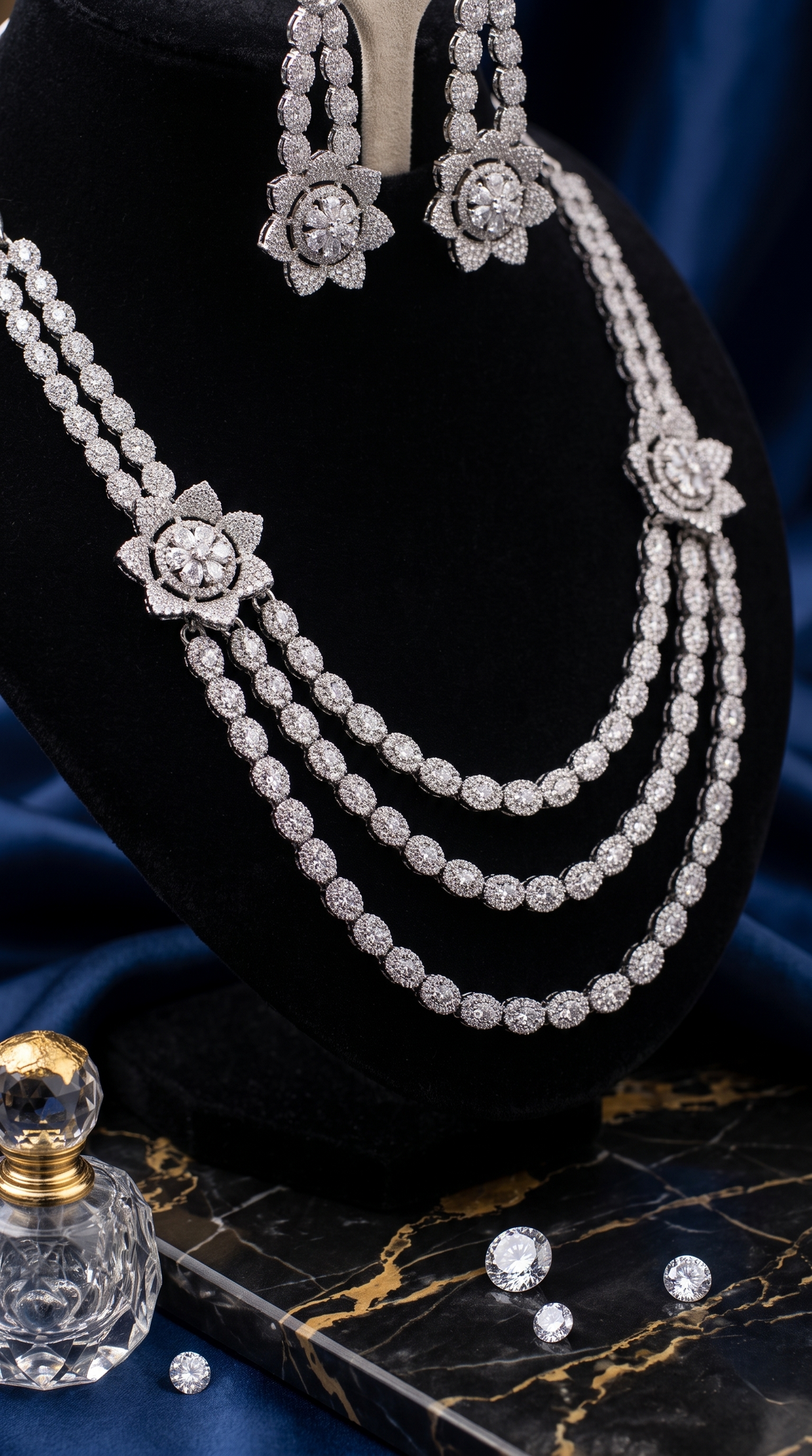 A luxury jewelry set displayed on a black velvet bust, featuring a three-layered diamond necklace, matching flower-shaped earrings, and loose diamonds on a dark marble surface with a blue satin background.
